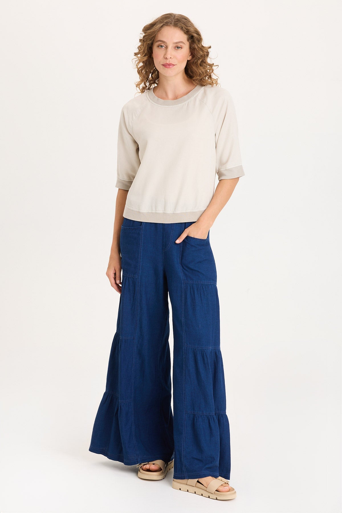 Dugan Mock-Denim Side Tiered Wide Leg Pant