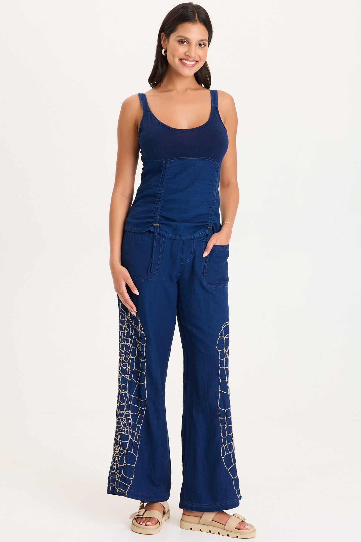 Bonello Embroidered Mock-Denim Wide-Leg Pant