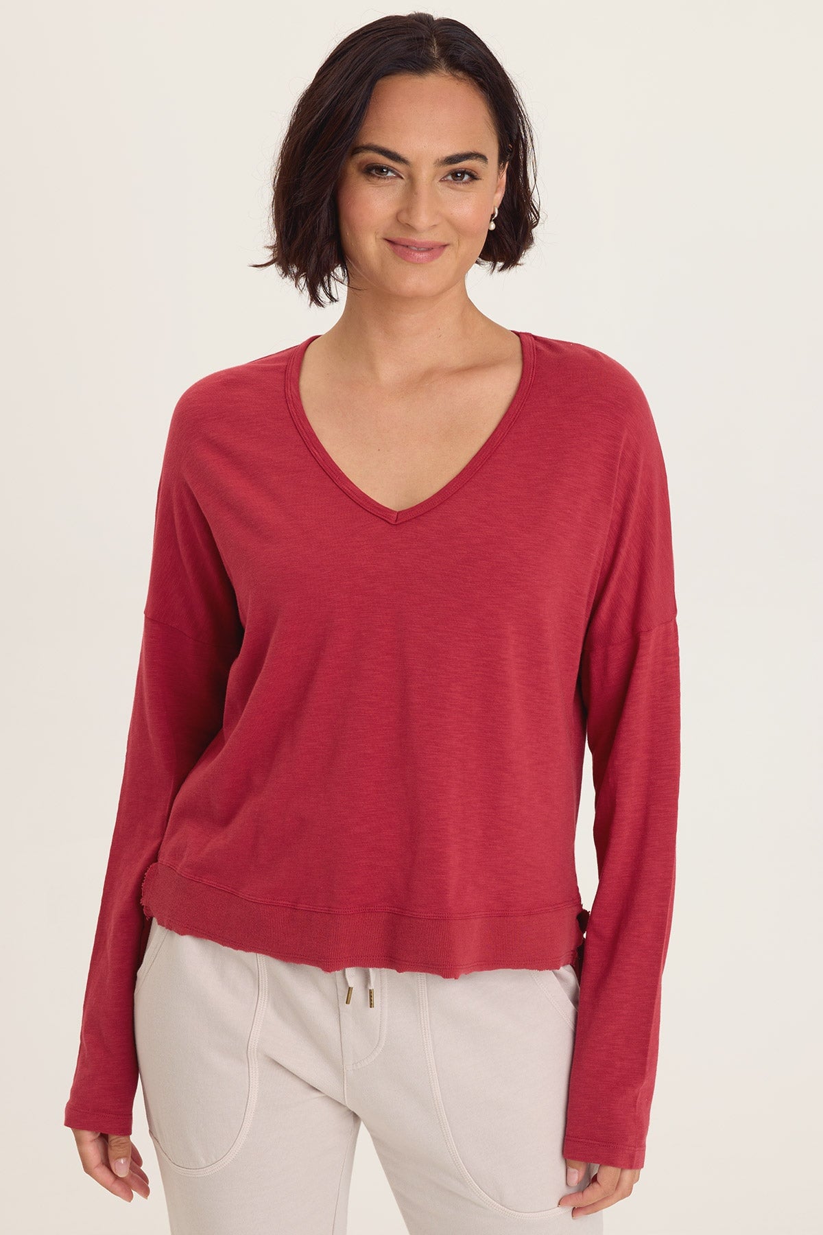 Odilia High-Low Long Sleeve V-Neck Top