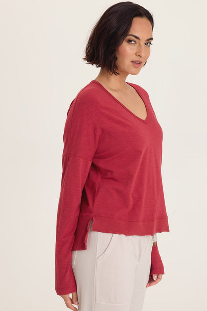 Odilia High-Low Long Sleeve V-Neck Top