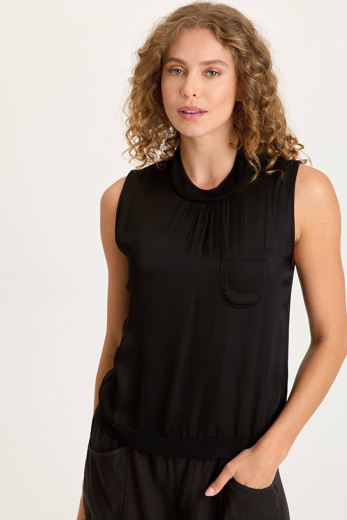 Orren Satin/Knit High Neck Tank