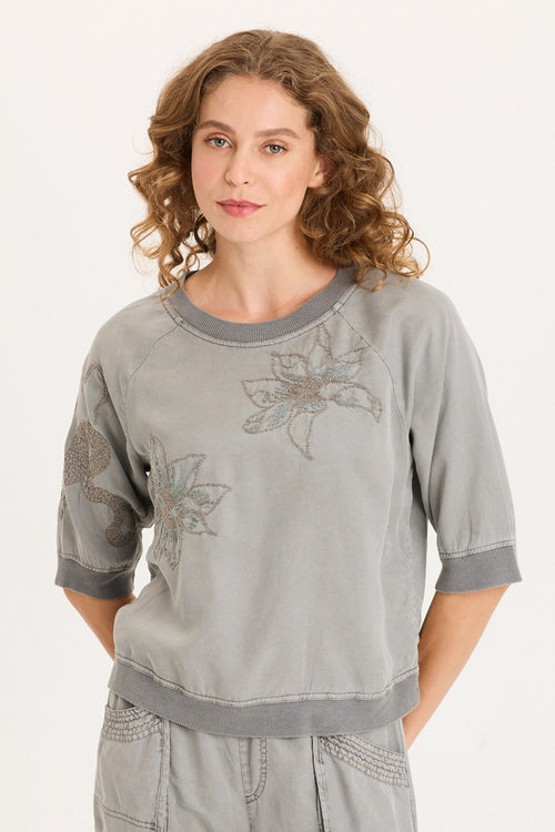 Linton Embroidered Twill/Rib Snap-Up Back Top