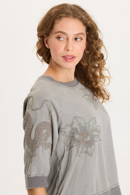 Linton Embroidered Twill/Rib Snap-Up Back Top