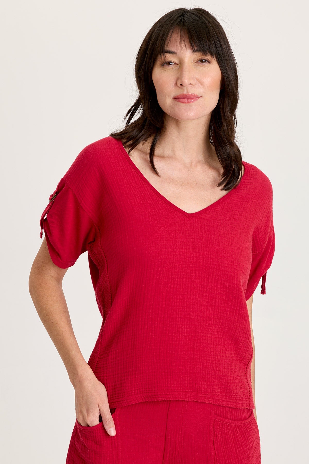 Milani Gauze Lace Trim V-Neck Top