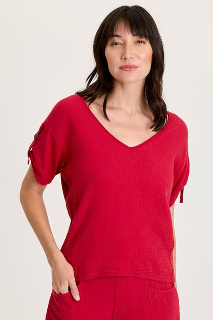 Milani Gauze Lace Trim V-Neck Top