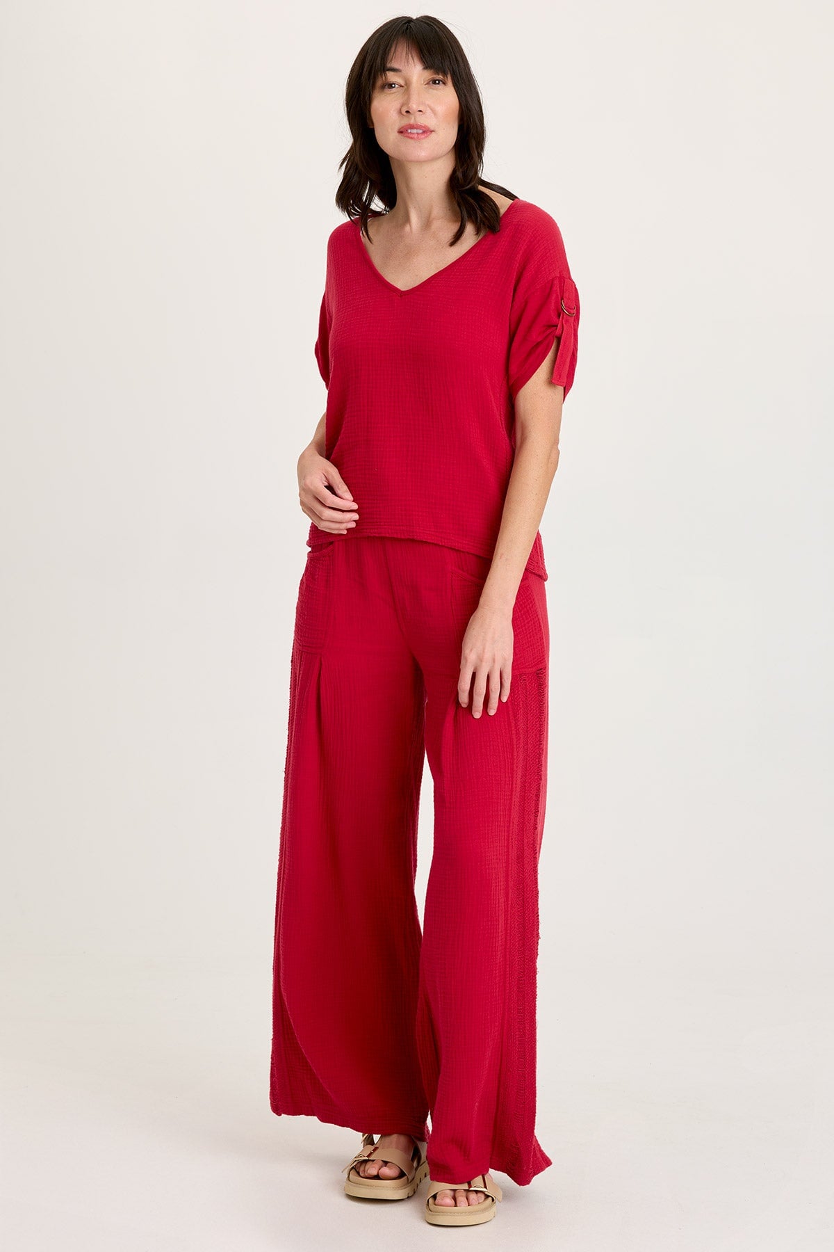 Milani Gauze Lace Trim V-Neck Top