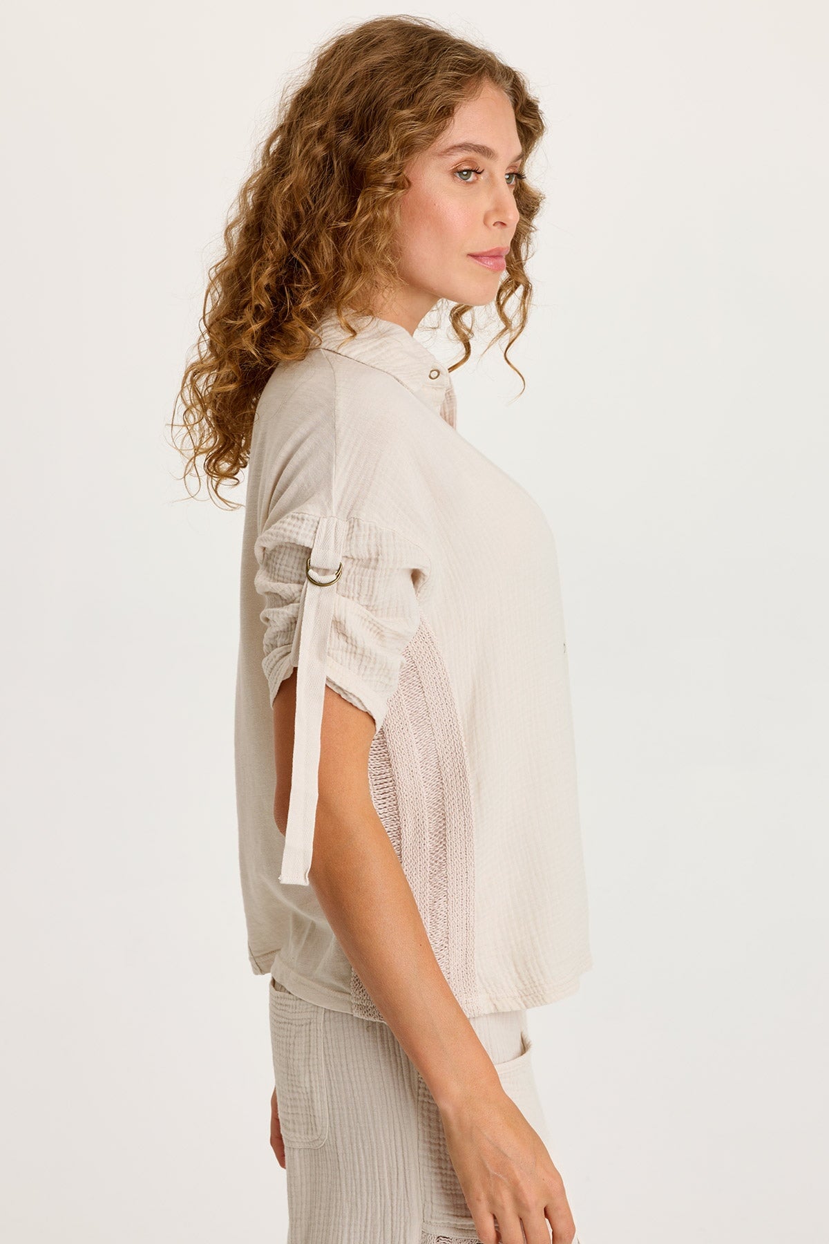 Kaleo Gauze Lace Trim Snap-Up Top