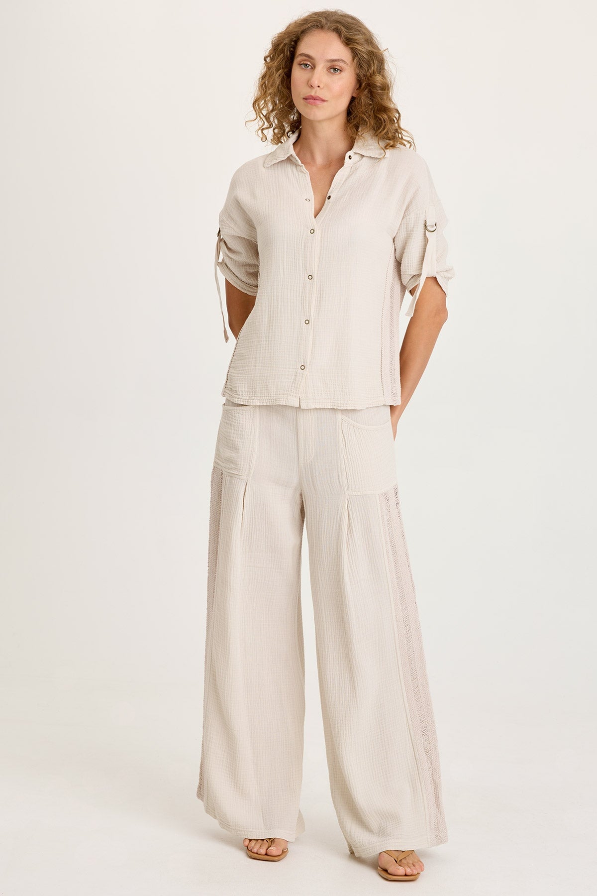 Kaleo Gauze Lace Trim Snap-Up Top