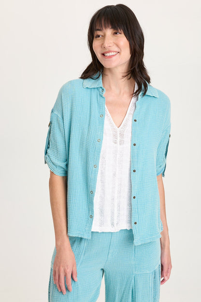 Kaleo Gauze Lace Trim Snap-Up Top