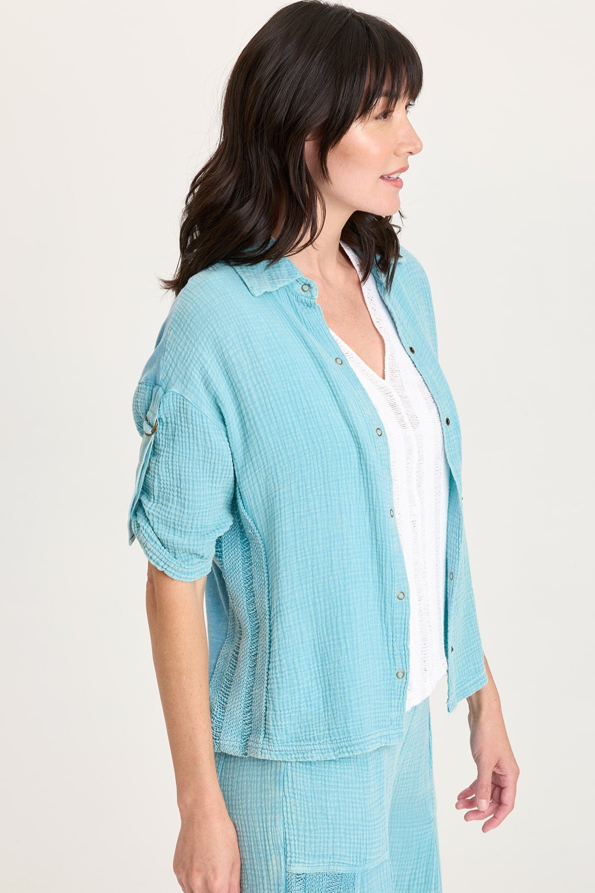 Kaleo Gauze Lace Trim Snap-Up Top