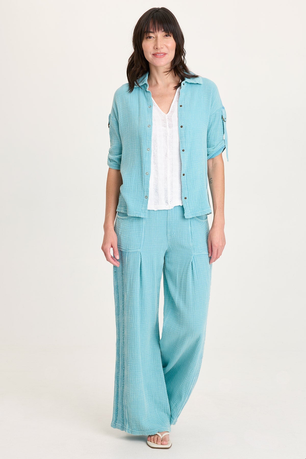 Kaleo Gauze Lace Trim Snap-Up Top