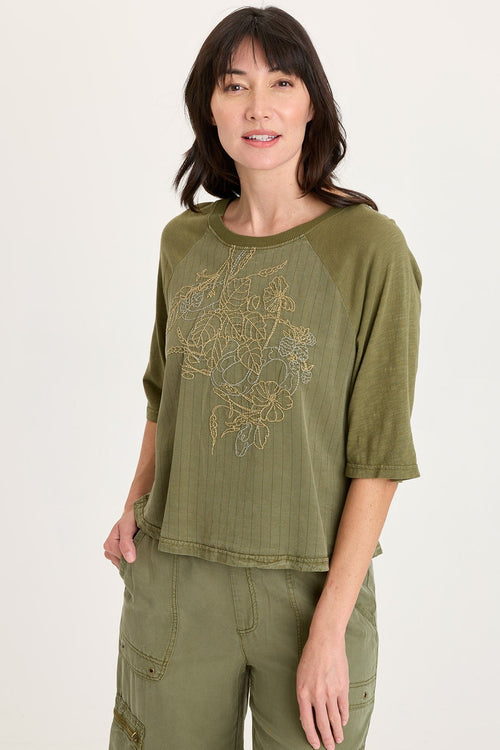 Jory Embroidered Pinstripe Raglan Top