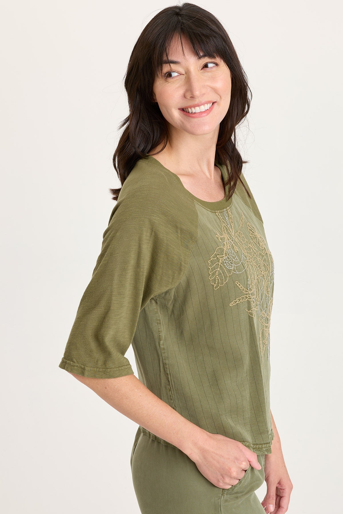 Jory Embroidered Pinstripe Raglan Top