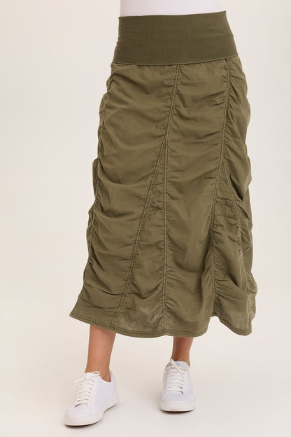 Linen Shirred Asymmetric Midi Skirt
