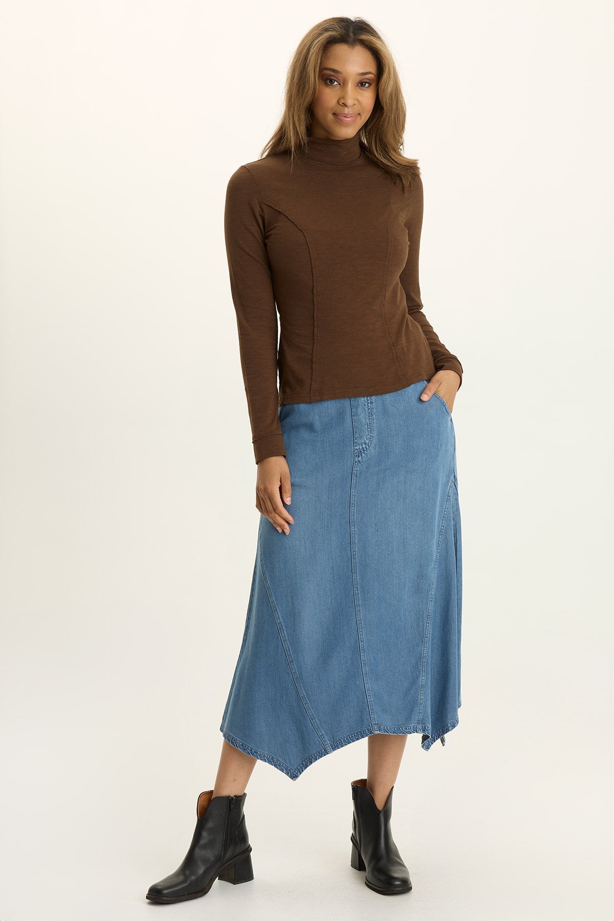 Kyrie Sharkbite Denim Midi Skirt