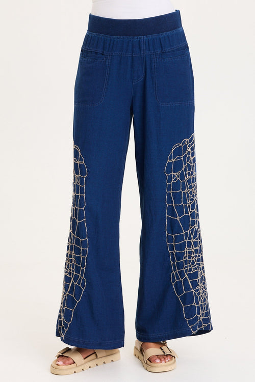Bonello Embroidered Mock-Denim Wide-Leg Pant