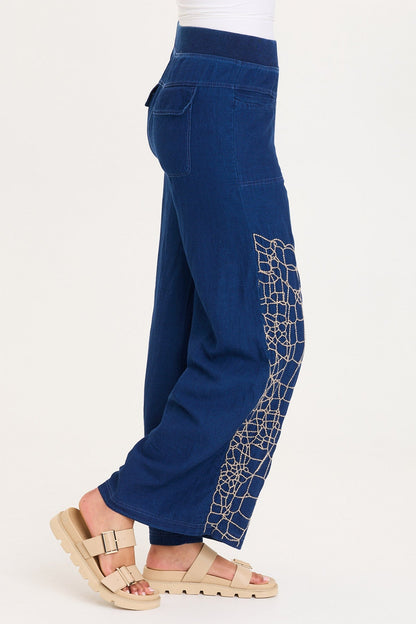 Bonello Embroidered Mock-Denim Wide-Leg Pant