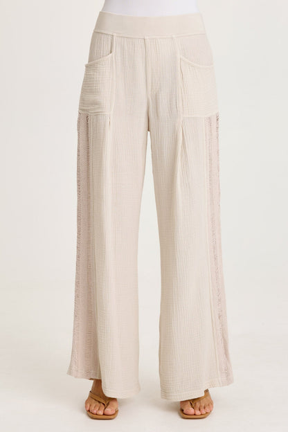 Elu Gauze Lace Trim Wide Leg Pant