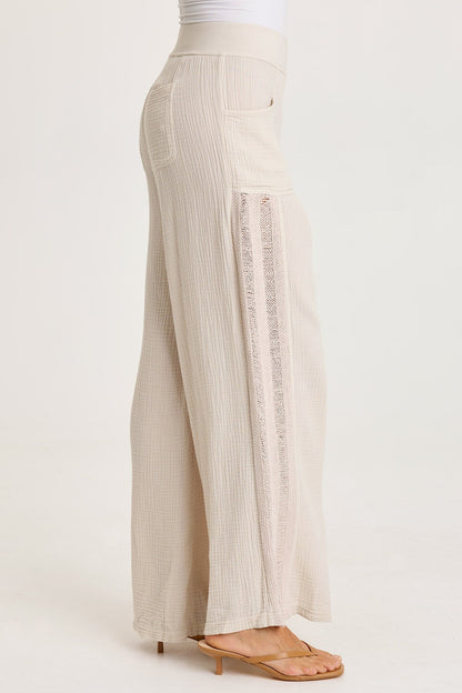 Elu Gauze Lace Trim Wide Leg Pant