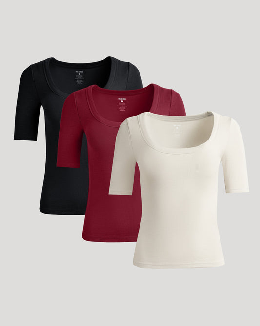 Womens Ribbed 3/4 Sleeve Scoop Neck Tee 3-Pack