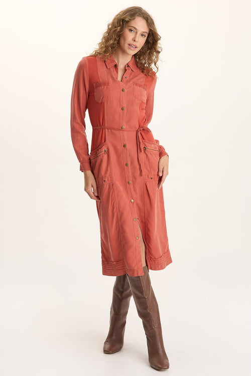 Oksana Twill/Jersey Snap-Up Midi Dress