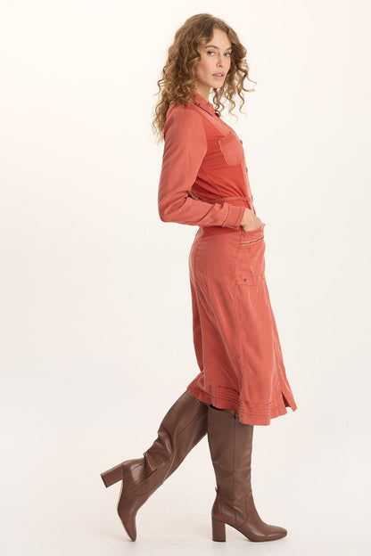 Oksana Twill/Jersey Snap-Up Midi Dress