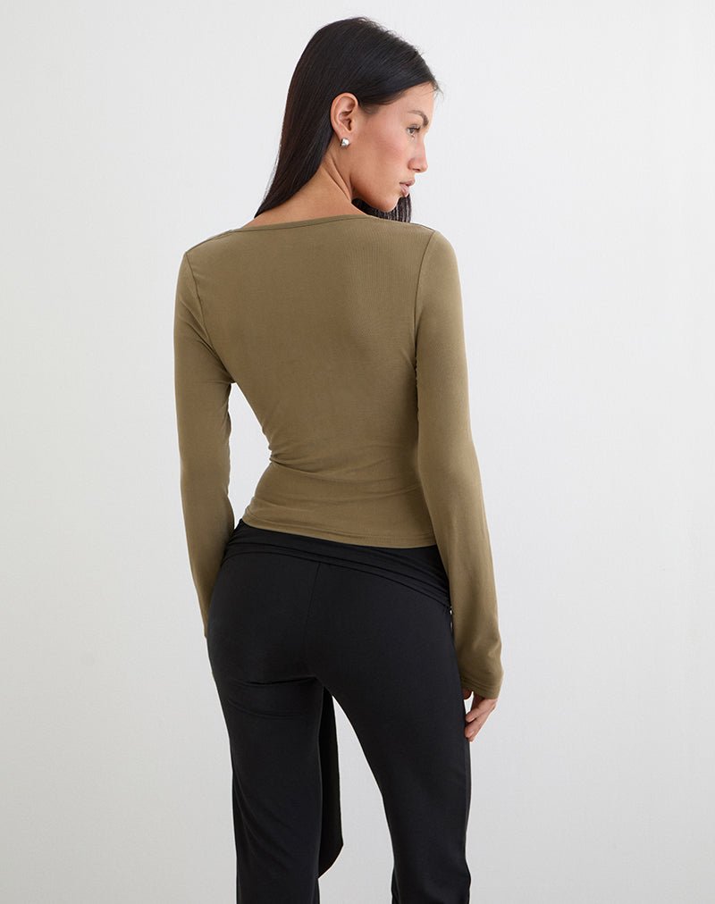 Adaya Long Sleeve Cowl Top in Cupro Olive Stone