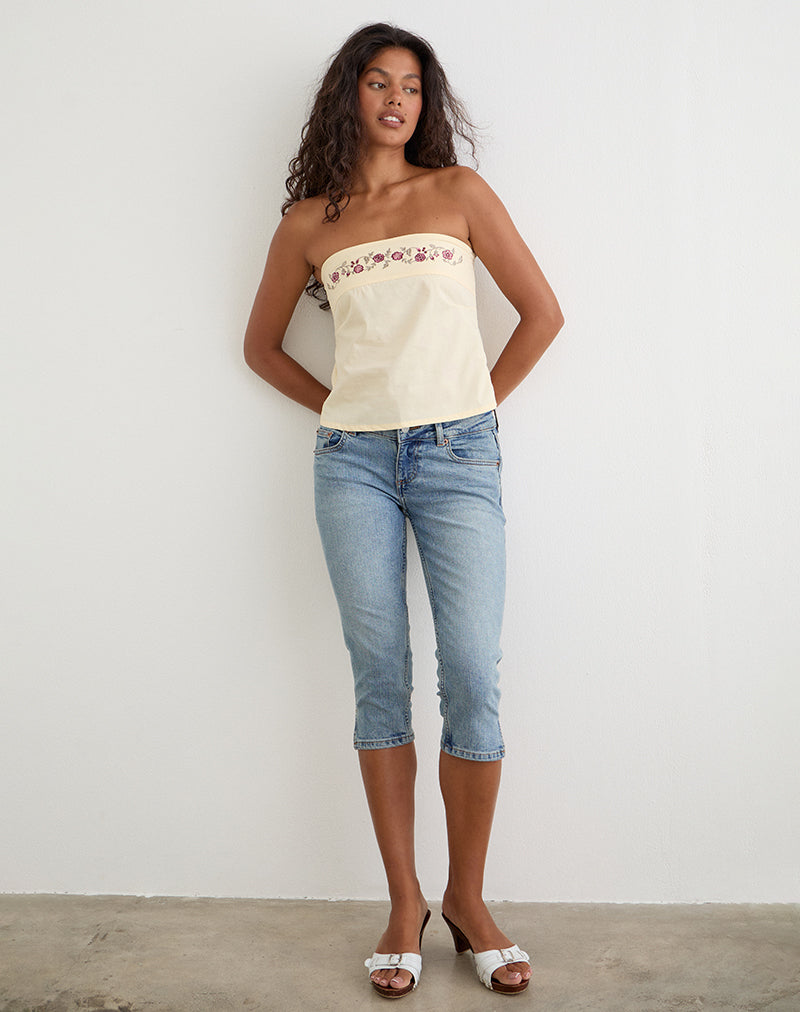 Ahera Top in Poplin Buttermilk with Cherry Blossom Embroidery