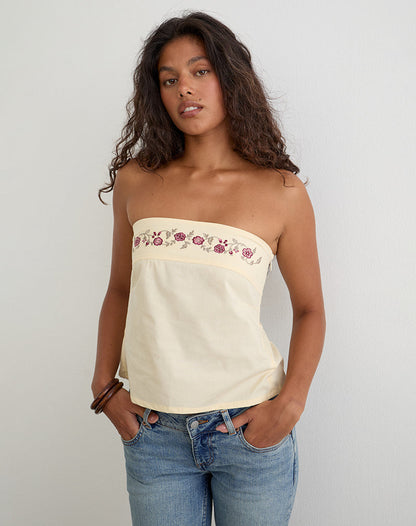 Ahera Top in Poplin Buttermilk with Cherry Blossom Embroidery
