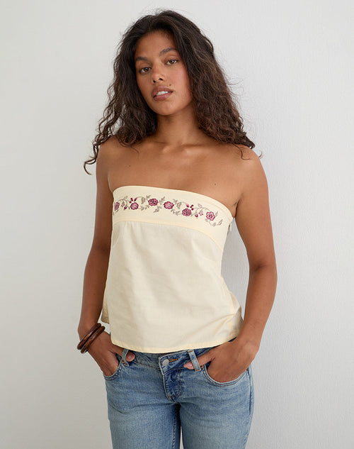 Ahera Top in Poplin Buttermilk with Cherry Blossom Embroidery