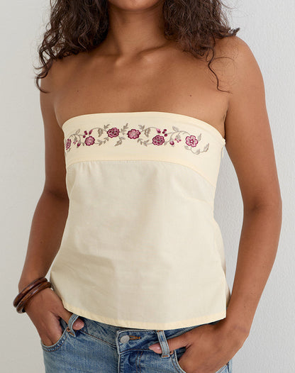 Ahera Top in Poplin Buttermilk with Cherry Blossom Embroidery