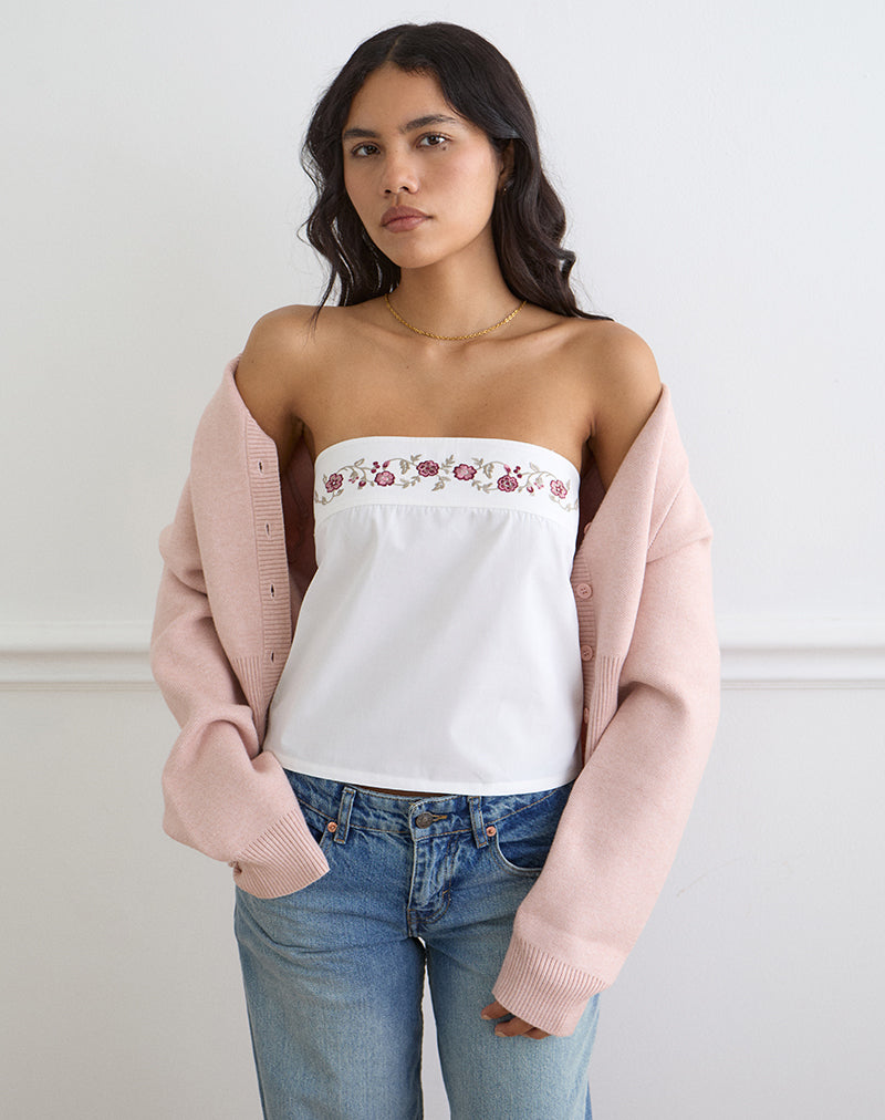 Ahera Top in Poplin White with Cherry Blossom Embroidery