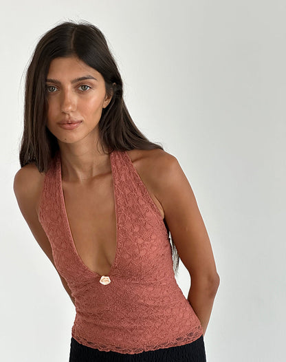 Aksa Halterneck Top in Lace Withered Rose