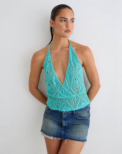 Allyne Halter Top in Crochet Knit Aqua Sky