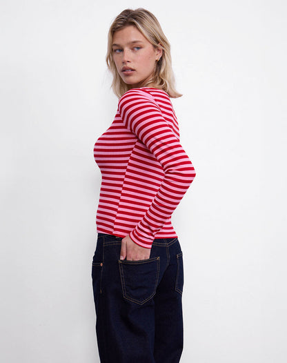 Amabon Top in Pink and Red Stripe