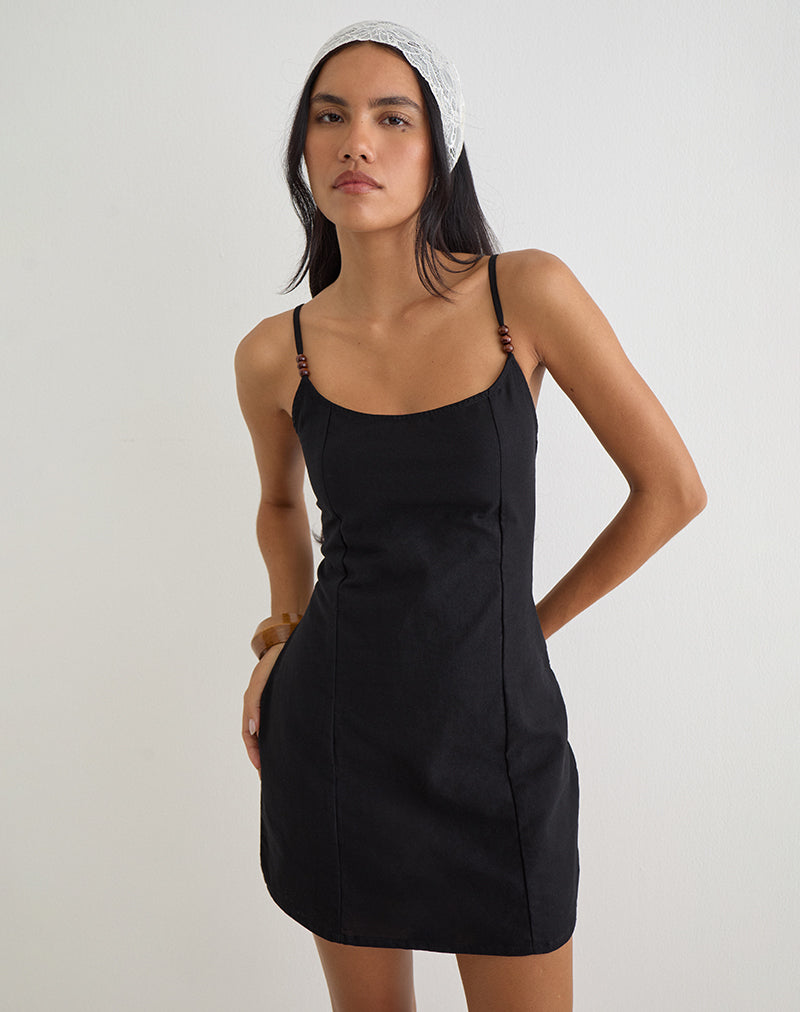 Ambra Scoop Mini Dress in Linen Black