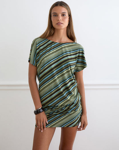 Amelina Mini Dress in Mixed Stripe Green