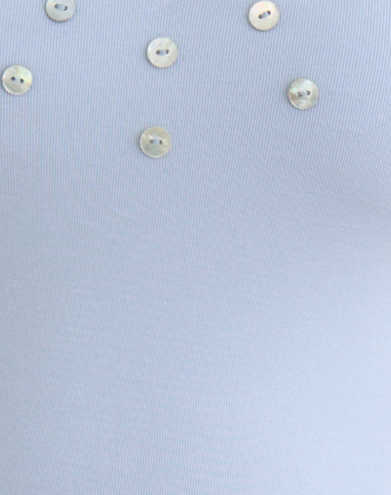 Amita Top with Pearl Buttons in Rib Knit Dusty Blue