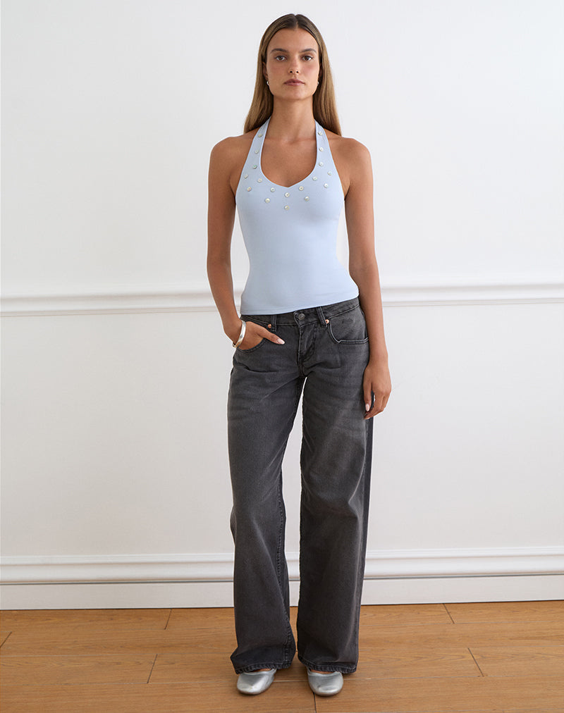 Amita Top with Pearl Buttons in Rib Knit Dusty Blue