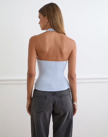Amita Top with Pearl Buttons in Rib Knit Dusty Blue