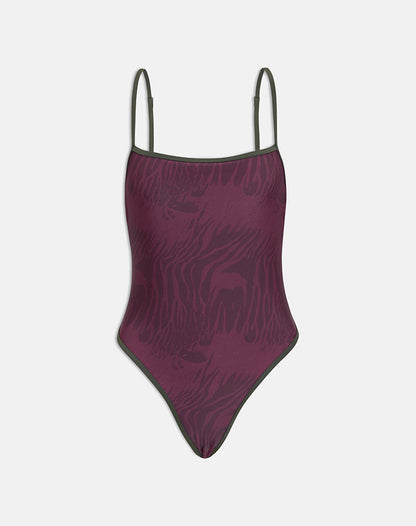 Anavah Swimsuit in Abstract Zebra Burgundy with Green Binding
