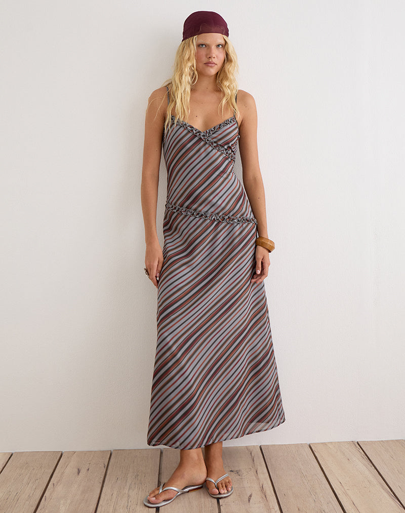 Angie Maxi Dress in Chiffon Grey and Maroon Diagonal Stripe