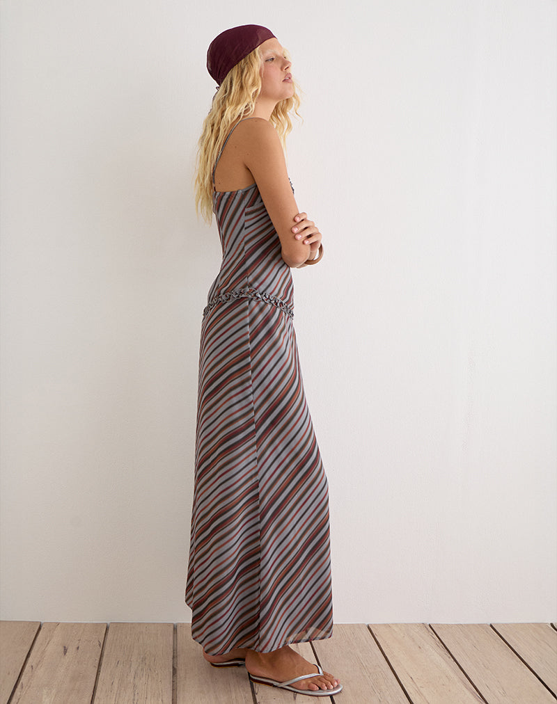 Angie Maxi Dress in Chiffon Grey and Maroon Diagonal Stripe