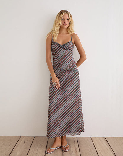 Angie Maxi Dress in Chiffon Grey and Maroon Diagonal Stripe