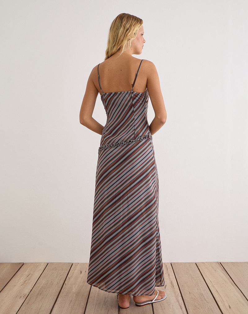 Angie Maxi Dress in Chiffon Grey and Maroon Diagonal Stripe