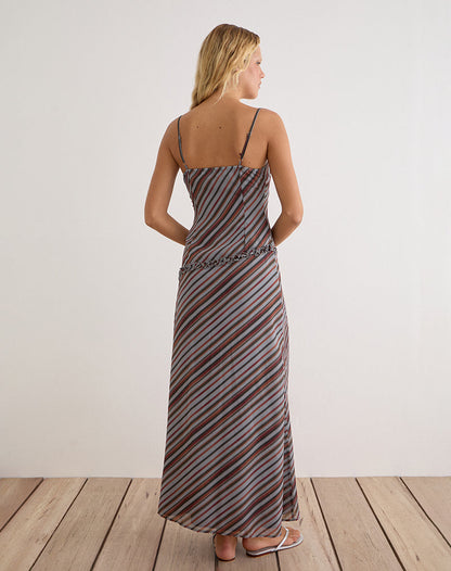 Angie Maxi Dress in Chiffon Grey and Maroon Diagonal Stripe
