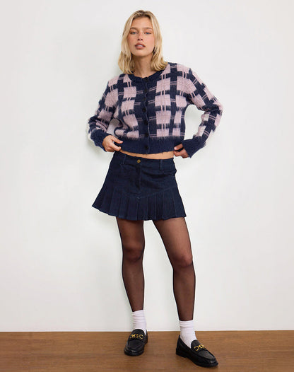 Anzio Button Up Cardigan In Multi Check Navy and Pink