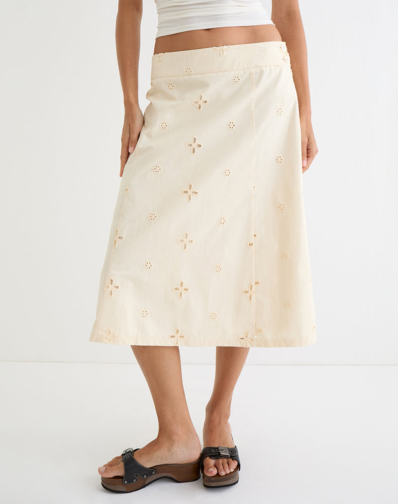 Arash Midi Skirt with Buttons in Broderie Vanilla