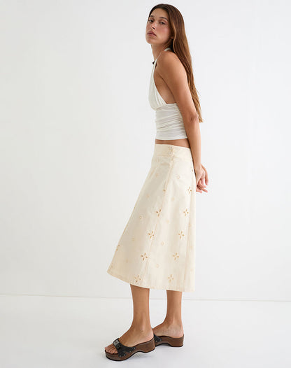Arash Midi Skirt with Buttons in Broderie Vanilla
