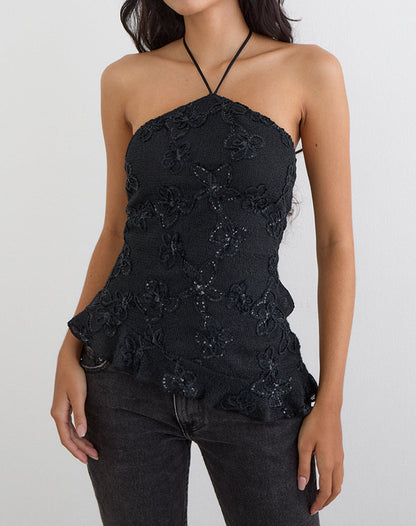 Argeila Halter Top in Sequin Knit Black